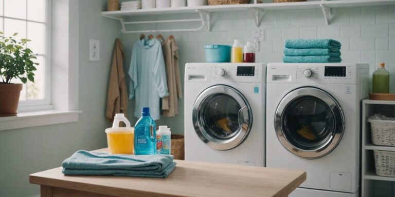 Bottle of laundry gel on counter in clean laundry room, highlighting its benefits for effective and easy washing.