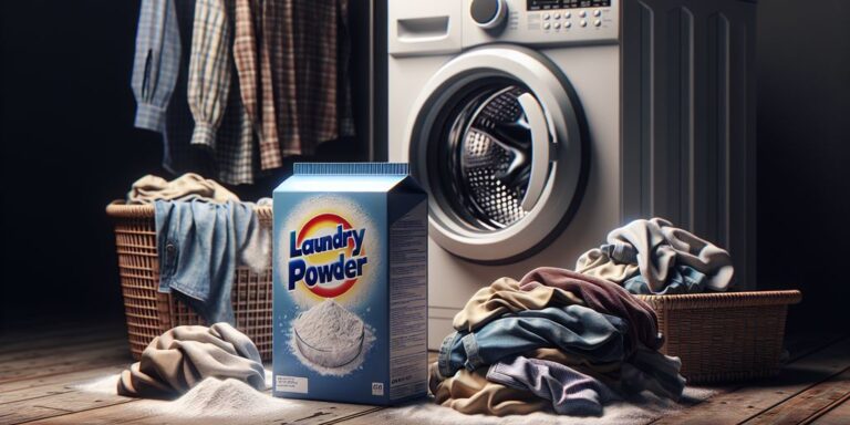 laundry detergent powder with clothes and washing machine