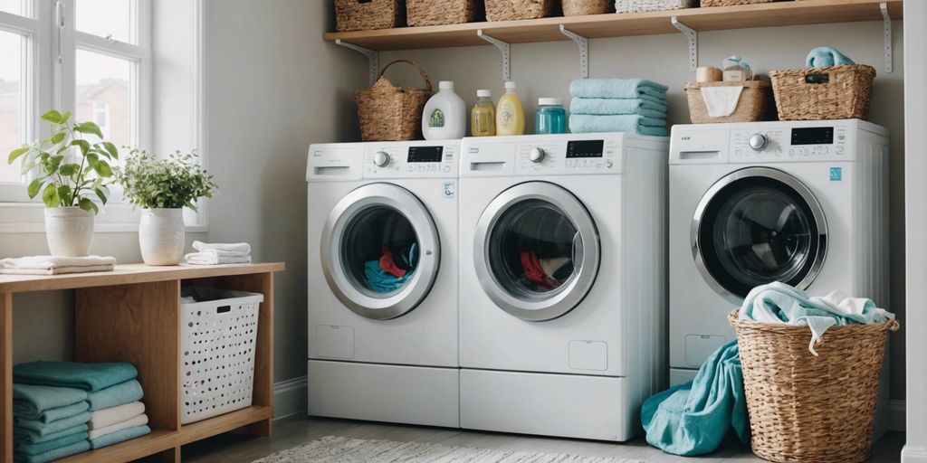 Laundry room with washing machine, basket of baby clothes, and baby laundry detergent on a shelf.