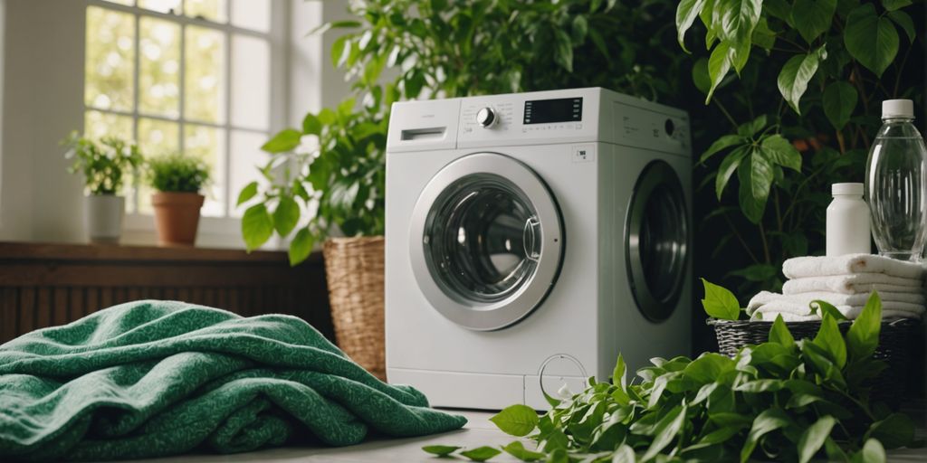 Eco-friendly laundry products and clean clothes on display